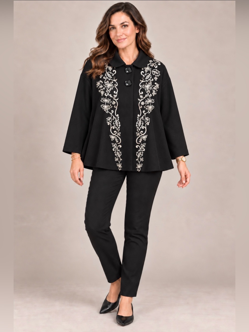 Coldwater Creek NWT Womens XL 18 Black Floral Vine Embroidered Swing Jacket